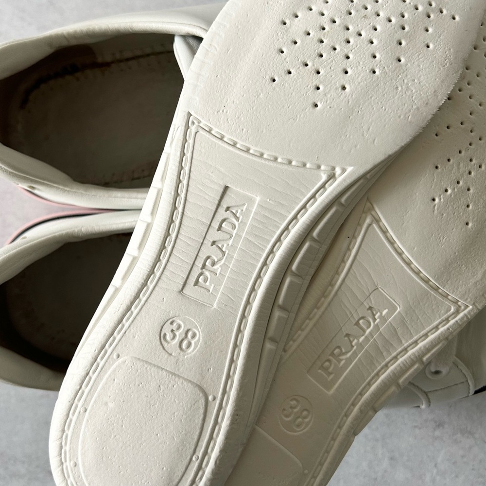 PRADA Womens Vitello Soft 3 Low Profile White/Pink Leather Sneakers, 37.5 - Picture 12 of 13